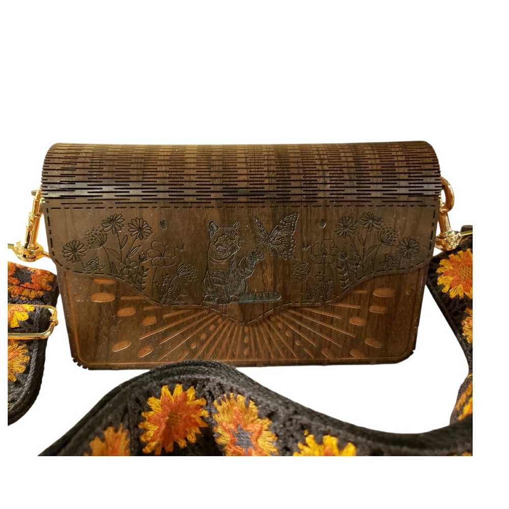 NEW! Hand Crafted Wooden Cat & Butterfly Purse w/Sunflower Embroidered Strap - Picture 7 of 11
